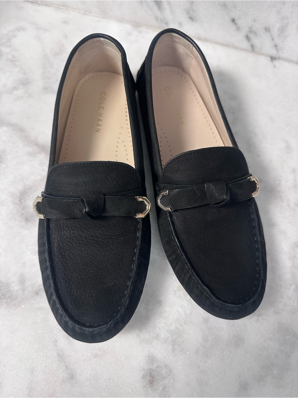 Cole Haan Black Leather Slip-On Loafers with Silver Buckle Detail